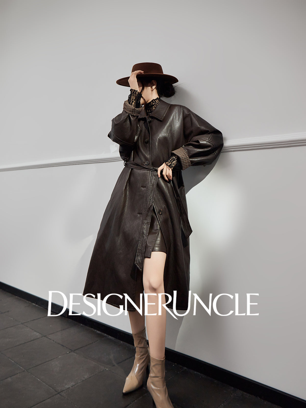 DGU|Tan leather loose slimming high-end mid-length leather jacket - Louisa.