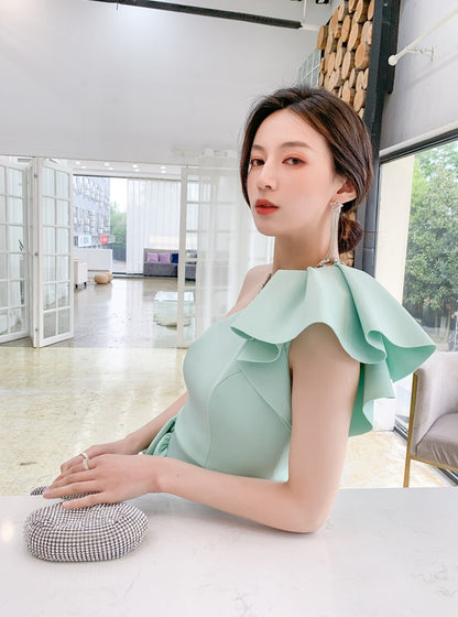 DOLLY Elegant Mint Green Slopping Shoulder Short Sleeve Long Wedding Guest Dress-RUKA