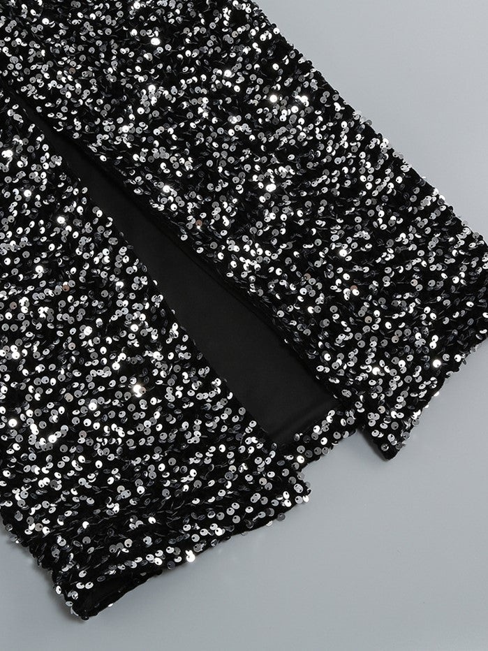 DOLLY Elegant Retro Style Crew Neck Long Sleeve Sequin Long Banquet Dress-TANIA