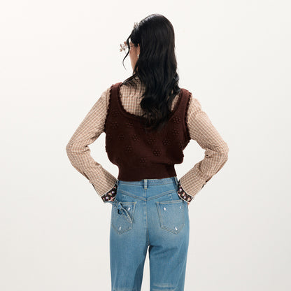 FAME Check Patchwork Vest Fake Two-Piece Knitted Top - DUKE.