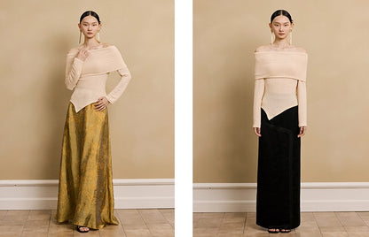 HECO stretch pleated off-the-shoulder long sleeve T-shirt - GRAD.