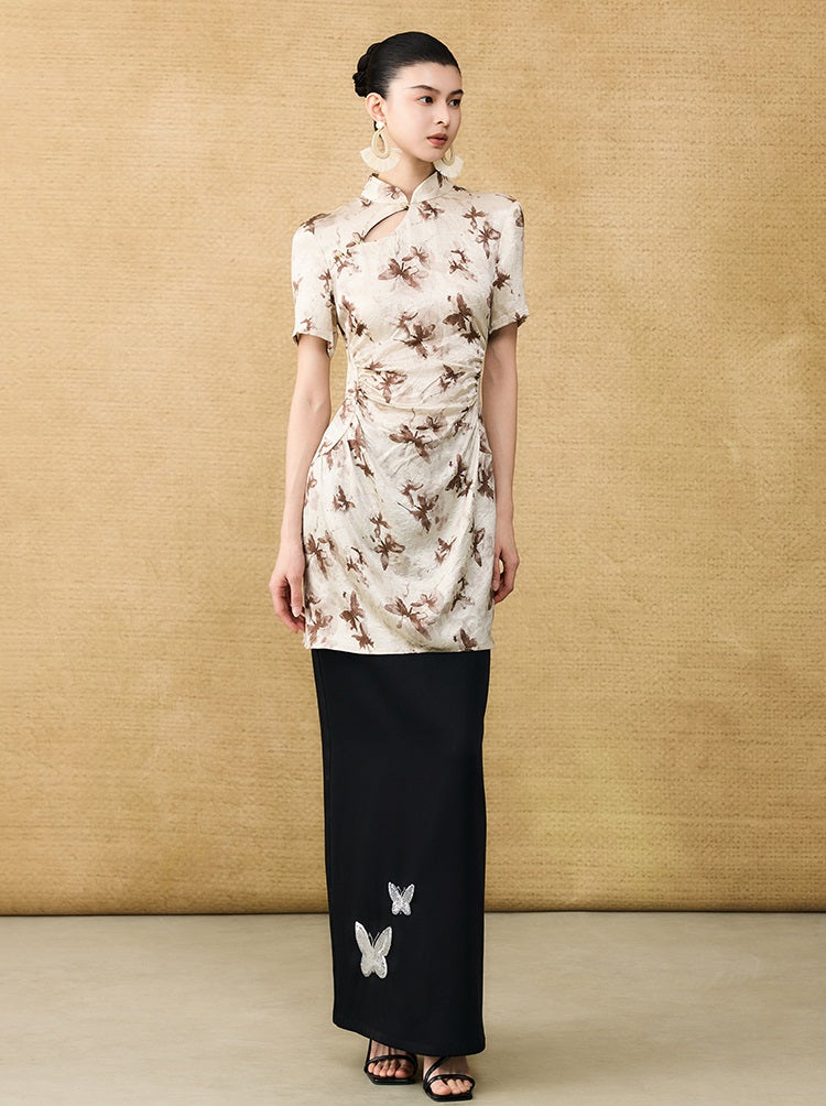 HECO Chinese Style Stand Collar Cut-out Pleated Short Cheongsam Dress - BIRD.