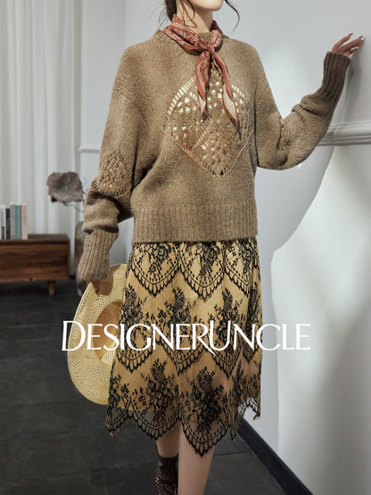 DGU| Light brown light luxury hollow design fashionable comfortable knitwear - Brianna.