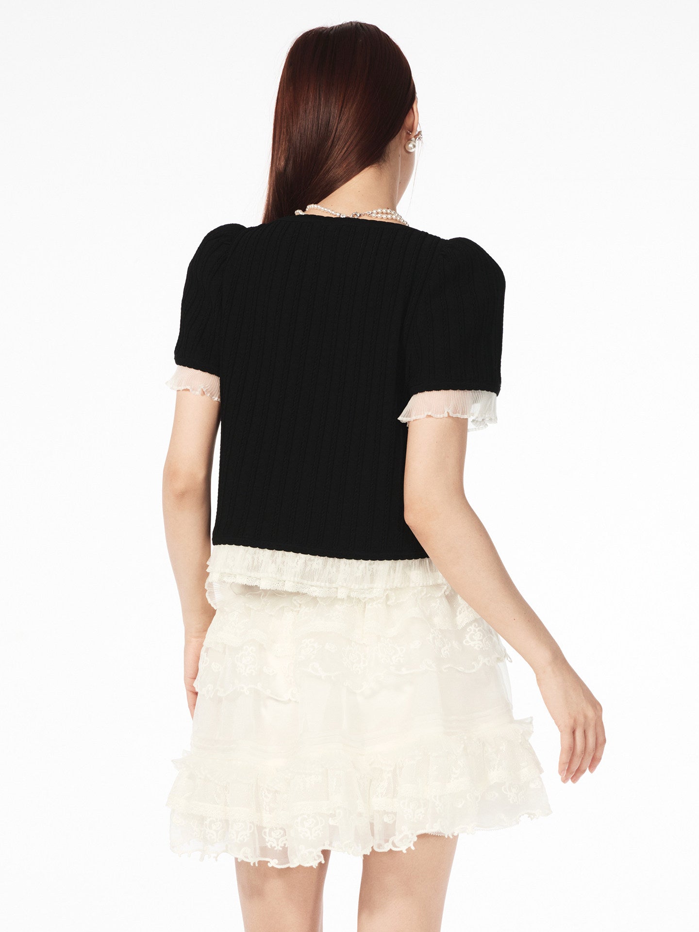 FAME multi-layer ruffled patchwork knitted top contrasting bow - AISHA