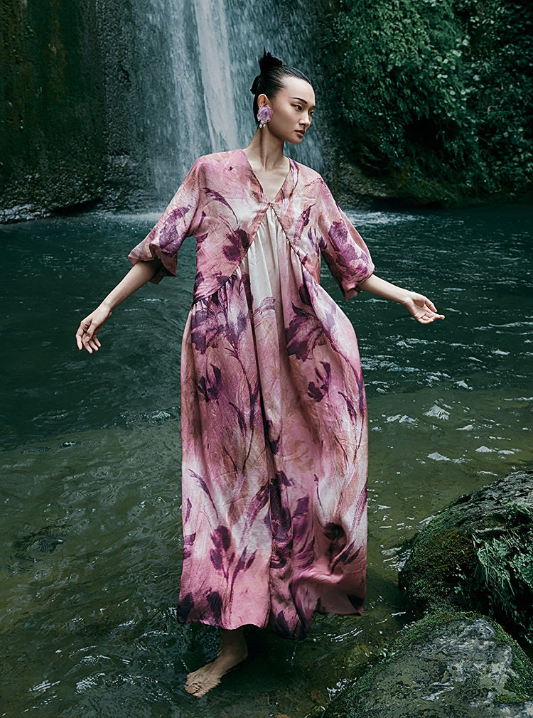 HECO Chinese Silk V-neck Dress Summer Elegant Floral Slim Long dress - GINE .