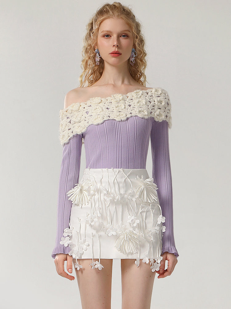 CHECOCRE Stylish Three-dimensional Handmade Flower White Hip Slim Short  Skirt - VEX