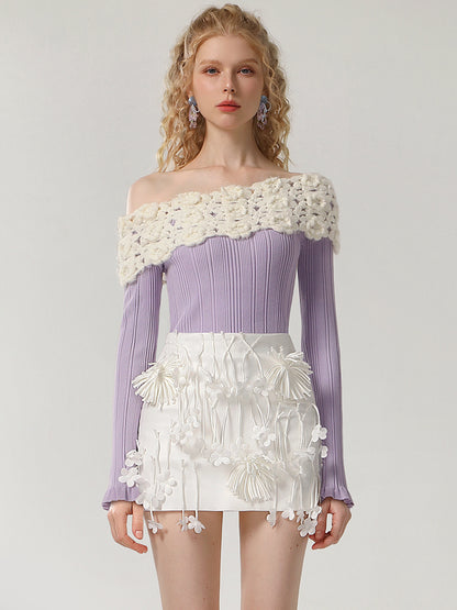 CHECOCRE Stylish Three-dimensional Handmade Flower White Hip Slim Short  Skirt - VEX