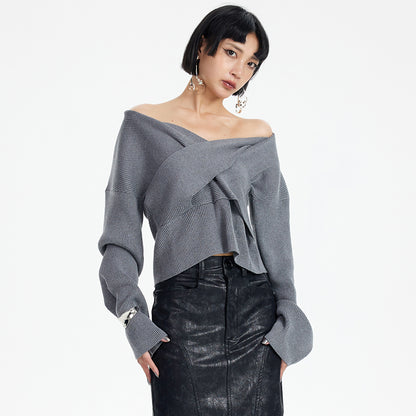TINY IN cross-twisted gray wool knit women's shoulder sweater-QUE