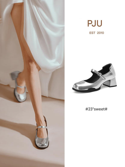 PJJUU square toe mary jane silver shallow mouth thick heel shoes- ANTONIO.