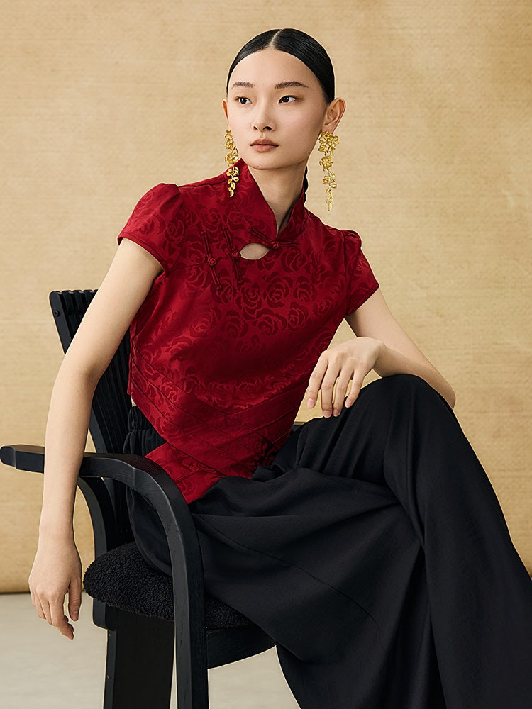 HECO Chinese acetate stand-up collar hollow buckle T-shirt - QUES.