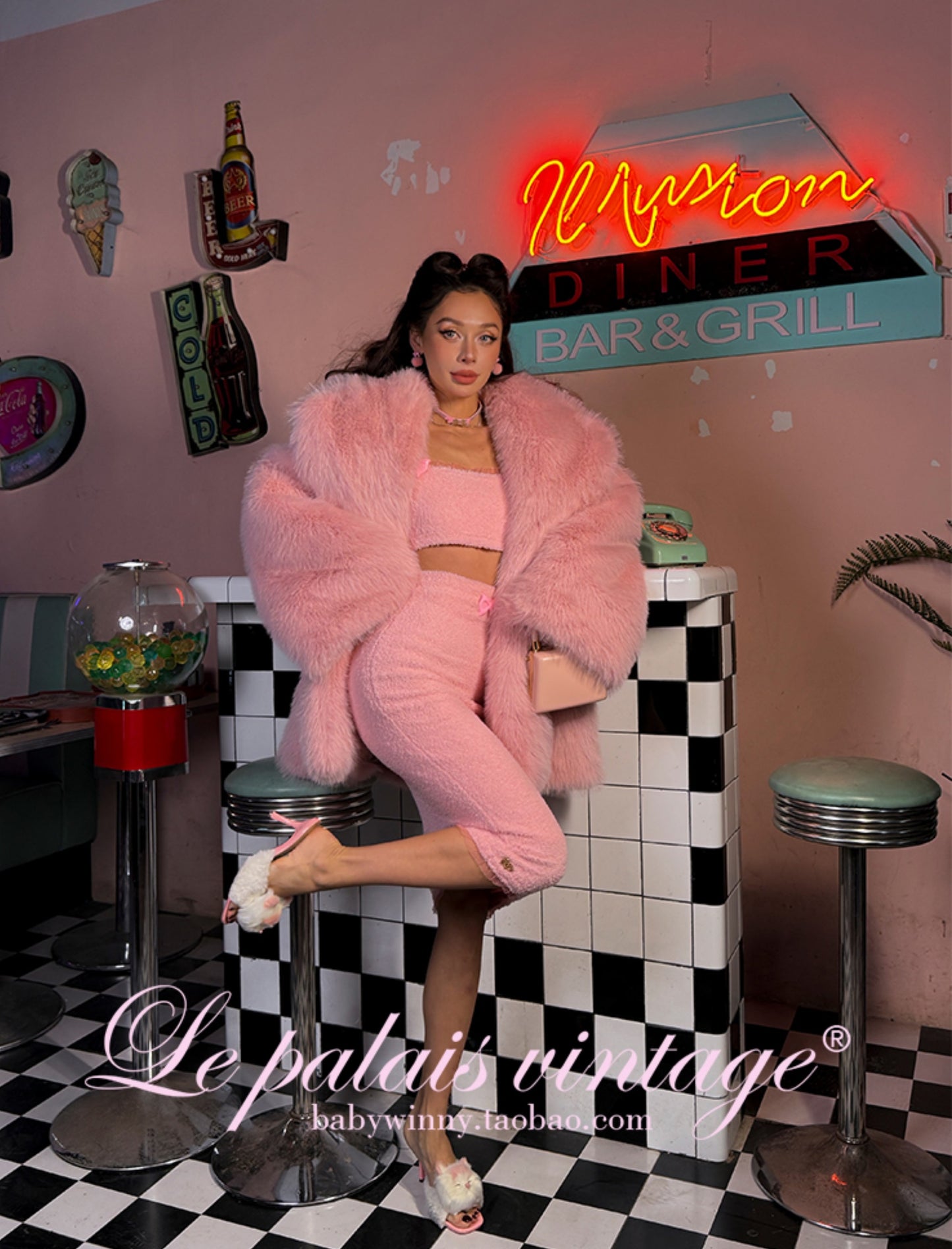 Le Palais Vintage Pink Plush Crop Top + Hip Skirt Set