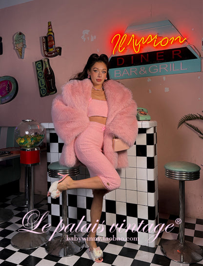 Le Palais Vintage Pink Plush Crop Top + Hip Skirt Set