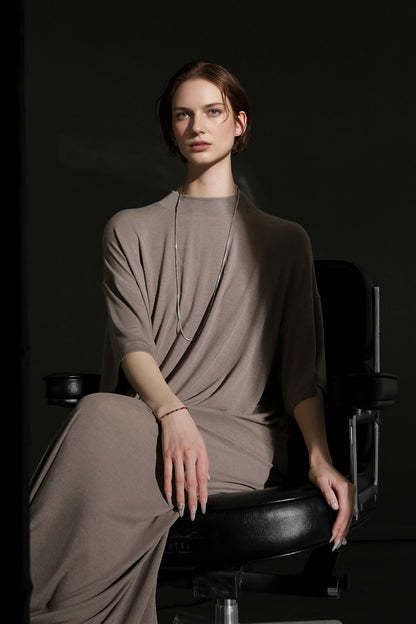 PIAOIN minimalist style nude tencel wool t-shirt skirt versatile dress -LYDIA