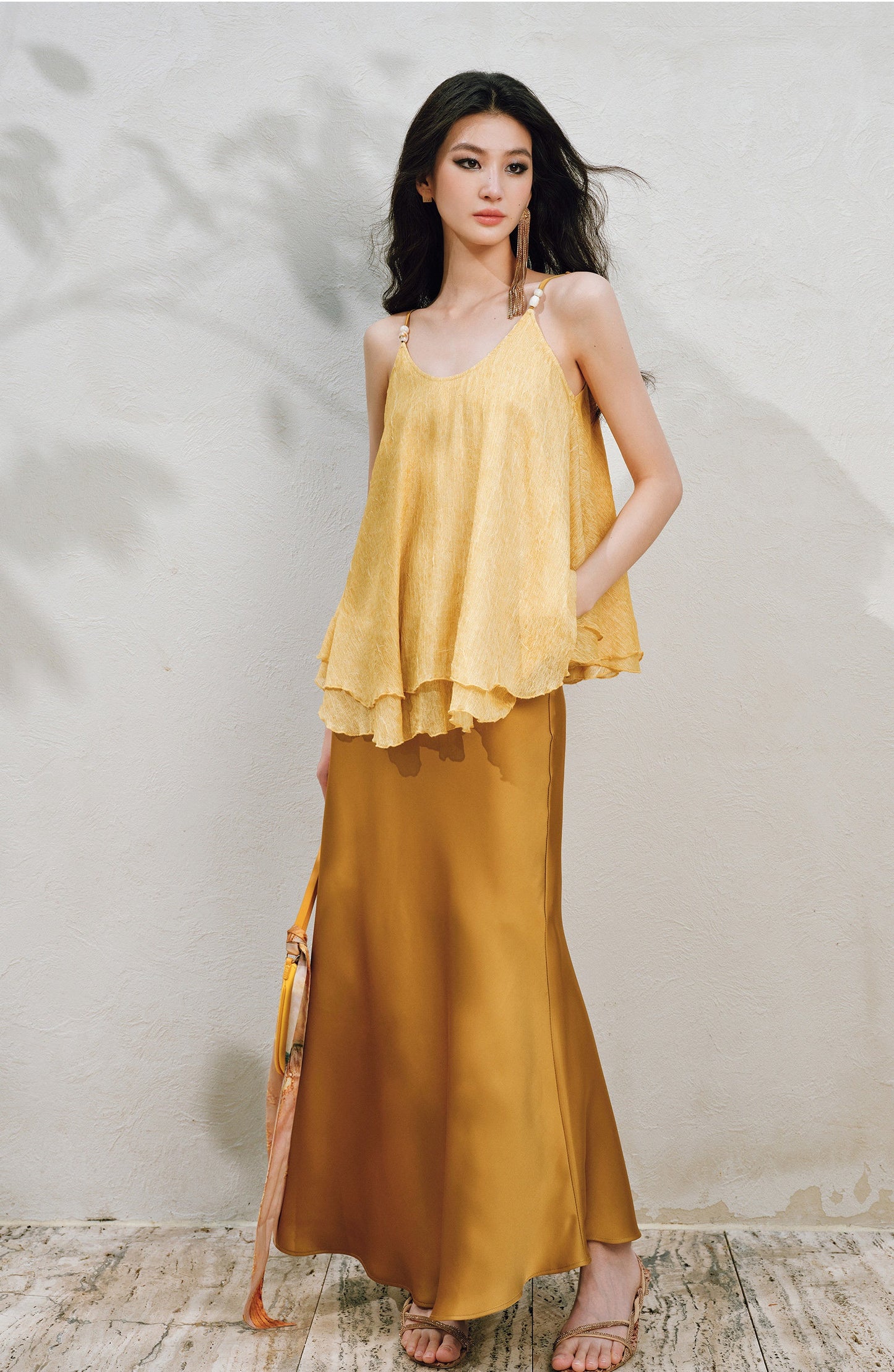 WANGXO | Silky Smooth Double-Sided Satin Top Glass Beaded Umbrella Hem Suspender Skirt Set -ELVA