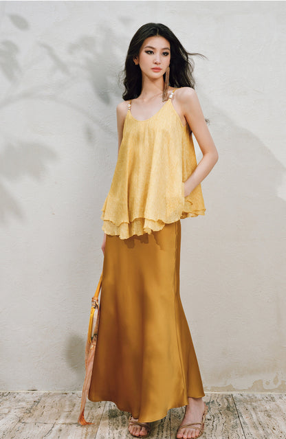 WANGXO | Silky Smooth Double-Sided Satin Top Glass Beaded Umbrella Hem Suspender Skirt Set -ELVA