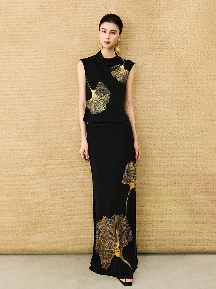 HECO Chinese Style Elegant Swing Neck Sleeveless Ginkgo Biloba Print T-Shirt - BOBA.