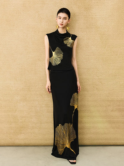 HECO Chinese Style Elegant Swing Neck Sleeveless Ginkgo Biloba Print T-Shirt - BOBA.