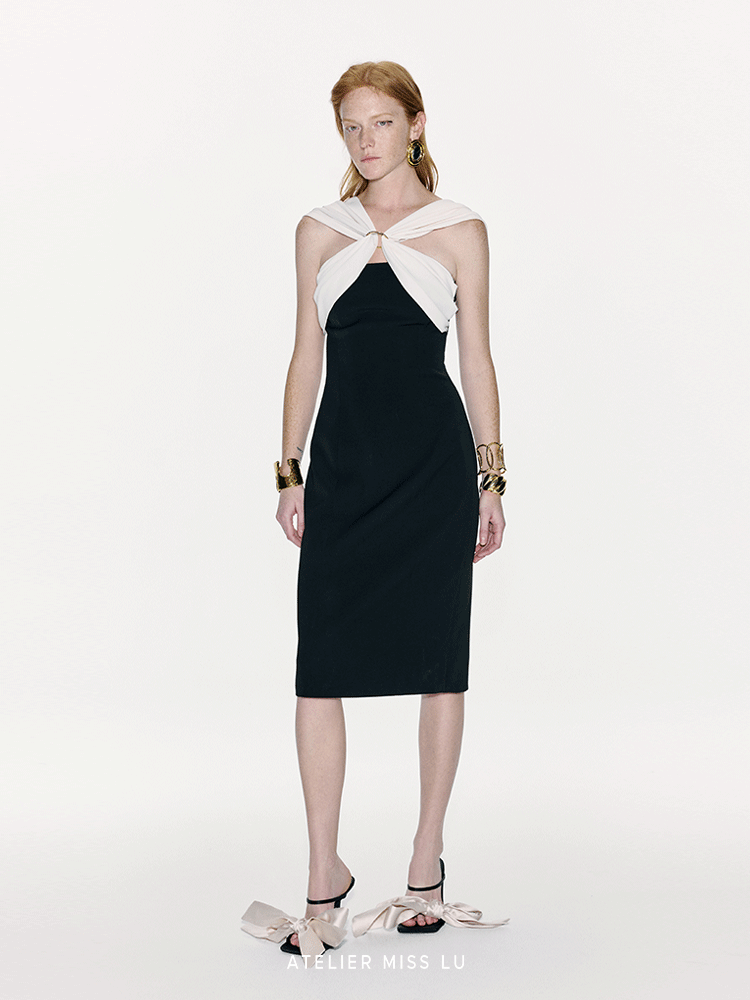 ATELIER MISS LU patchwork design contrasting slim dress - SUPER.