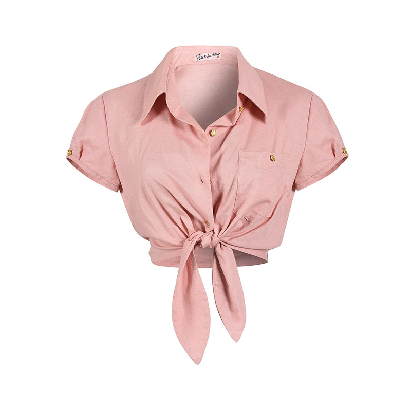 Le Palais Vintage  Gold Cotton Linen Pink Puff Sleeve Shirt + Shorts-ASA.