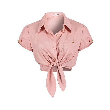 Le Palais Vintage  Gold Cotton Linen Pink Puff Sleeve Shirt + Shorts-ASA.