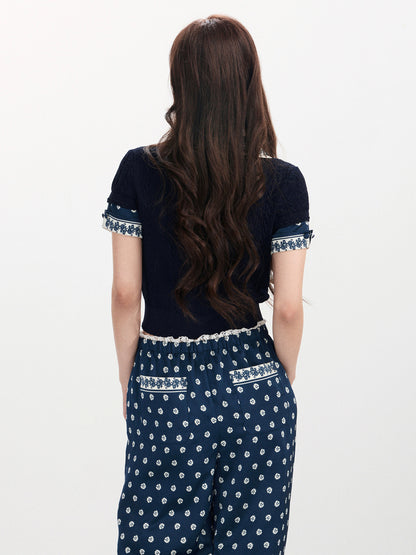 FAME beaded printed silk scarf knitted short-sleeved T-shirt