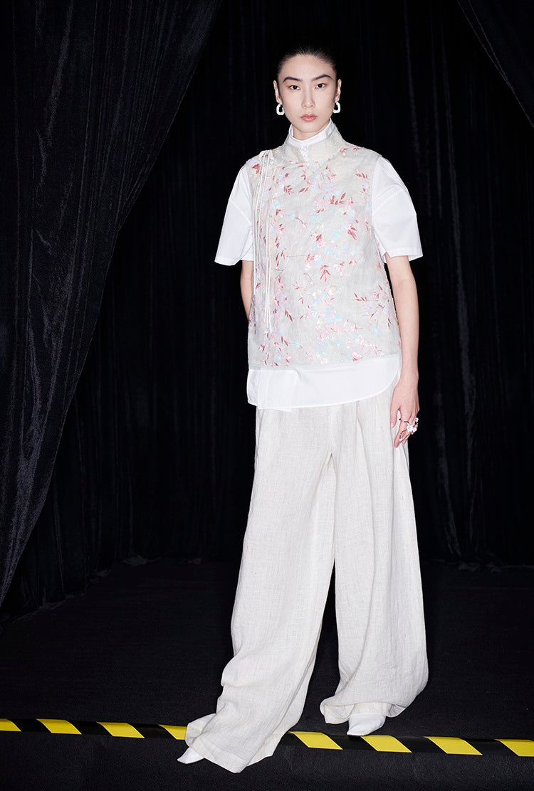 M essential Mackay designer beaded pavé embroidered linen vest - ELONIA.