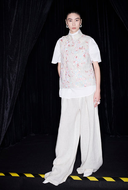 M essential Mackay designer beaded pavé embroidered linen vest - ELONIA.