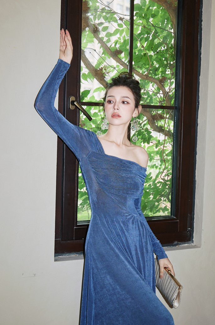 DOLLY Luxury Fog Blue Pleated Off Shoulder Slant Collar Long Sleeve Banquet Dress-MAYA