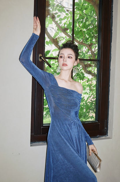 DOLLY Luxury Fog Blue Pleated Off Shoulder Slant Collar Long Sleeve Banquet Dress-MAYA