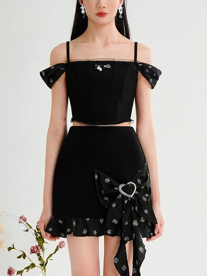 CHECOCRE Chic suspenders slim knitted jacquard top bow skirt - POSTED