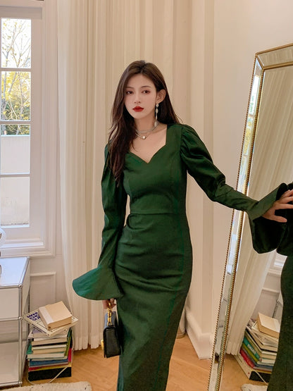 DOLLY High End Green Square Collar Long Sleeve Slim Fit Long Dress-MALU