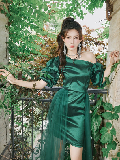 DOLLY Elegant Dark Green Retro Style Slant Collar Short Puff Sleeve Short Banquet Dress-CHITAH