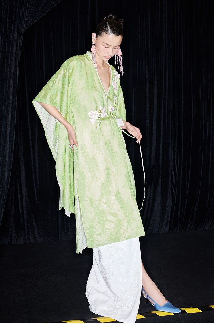 M essential Mackay designer green embroidered fabric magnolia beaded cardigan robe - RUTH.