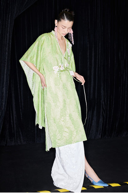 M essential Mackay designer green embroidered fabric magnolia beaded cardigan robe - RUTH.