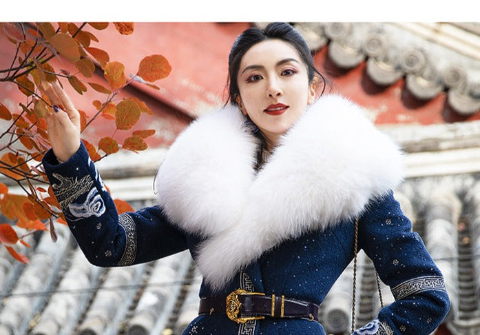 Magic Q dark blue heavy industry dragon embroidery slim big fox fur collar tweed coat - LIa