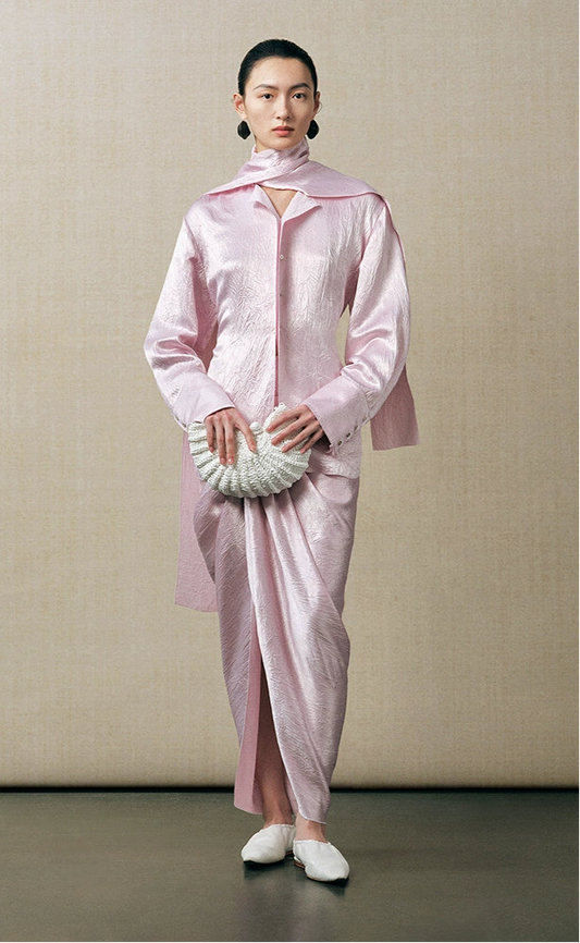 ZHUCHONGYUN irregular long sleeve shirt and ruched long skirt outfit set-REINER.