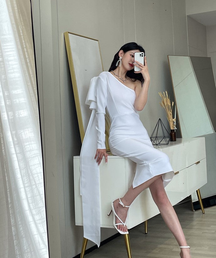 DOLLY Elegant Slant Collar Long Sleeve Bow Drape Body Hug Dinner Dress-CALA