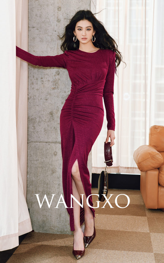 WANGXO | Acetate Pleated Cut-Out Maxi Knit Dress- RINA.