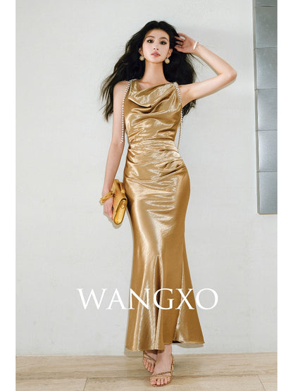 WANGXO |Detachable Pearl Pendant Swing Neck Waist Fishtail Dress -NOYA