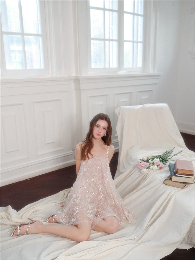 Wardrobes by Chen Luxury Pink Flower Embroidered Loose doll Party Dress-Zola