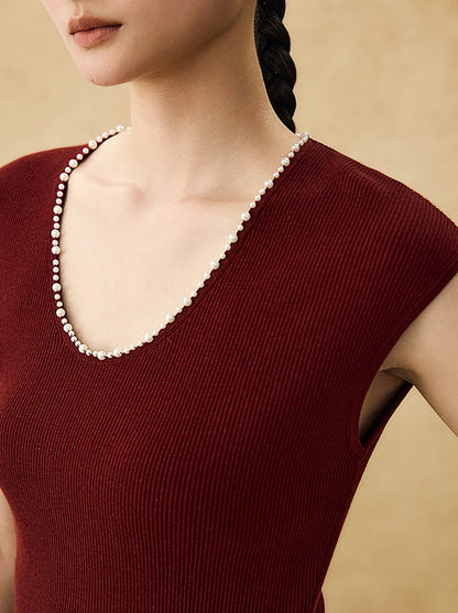 HECO Chinese style U-neck nail bead shoulder wrap small fly sleeve top - ROSE.