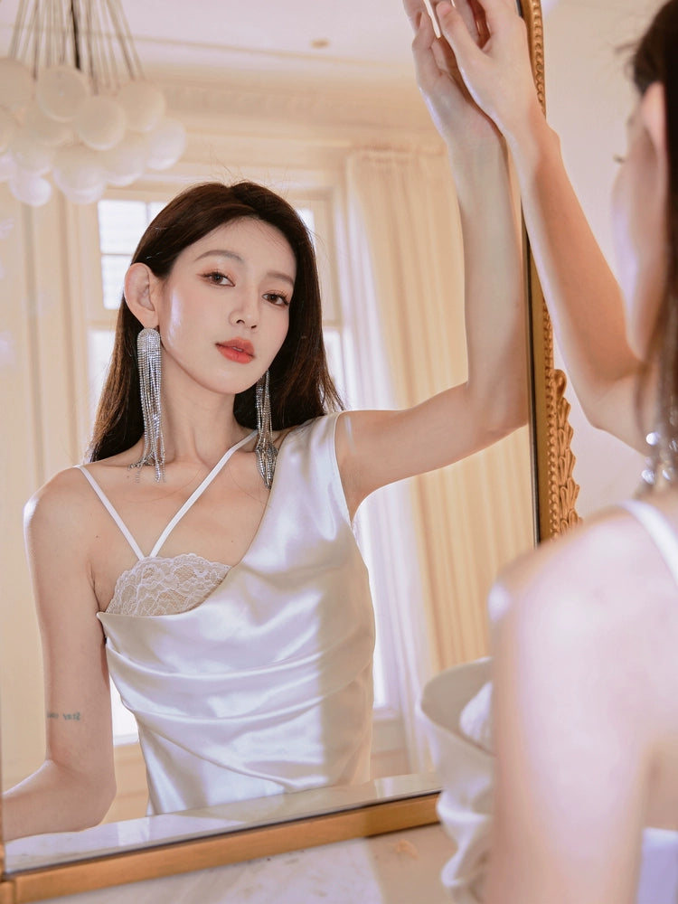 DOLLY Elegant Blue French Style Satin Sleeveless Pleated Hip Long Slit Dinner Dress-AVA