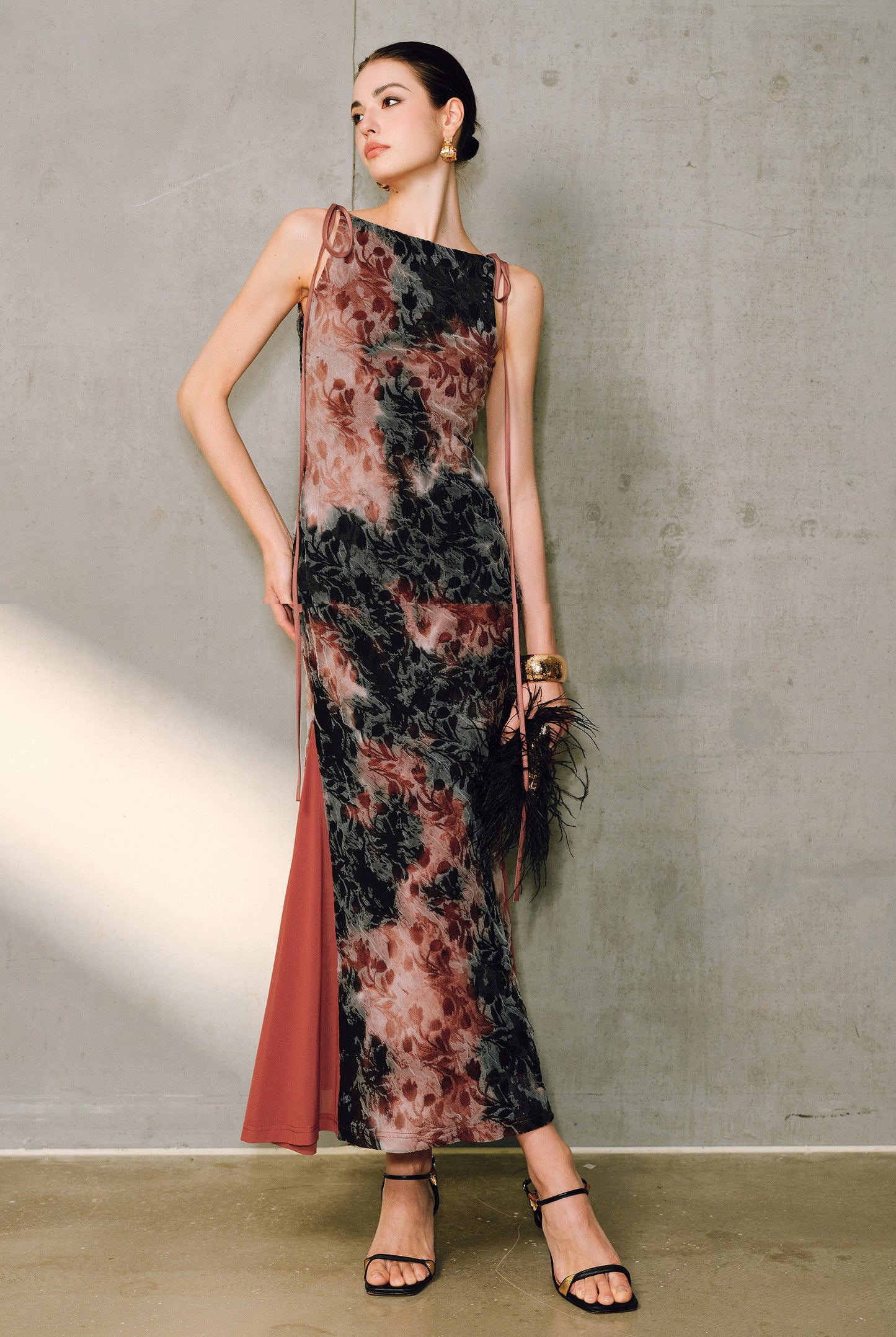 WANGXO | Artistic Ink Smudge Flora Knit Patchwork Contrast Tulle One-Shoulder Fishtail Dress with Flowing Gradient Drama -XINA