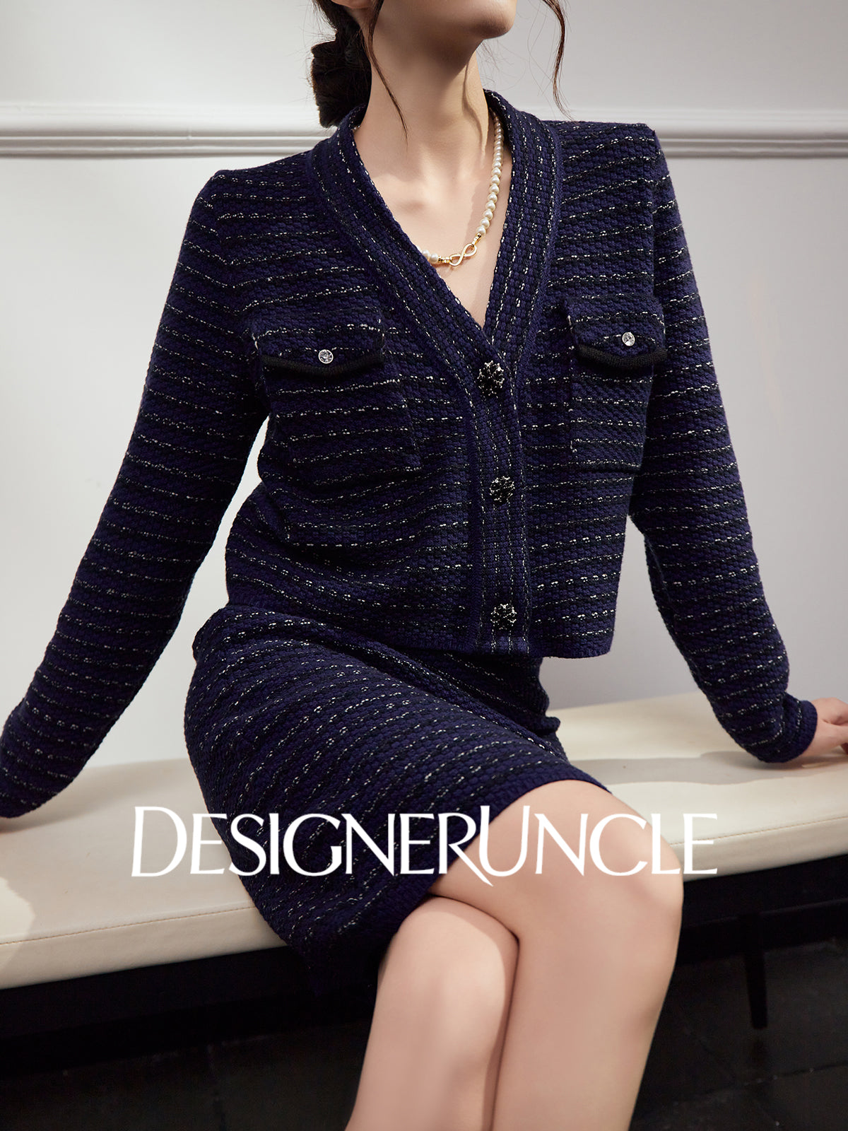 DGU "Ink Room" royal blue new knitted small fragrance temperament versatile two-piece set - Kyle.