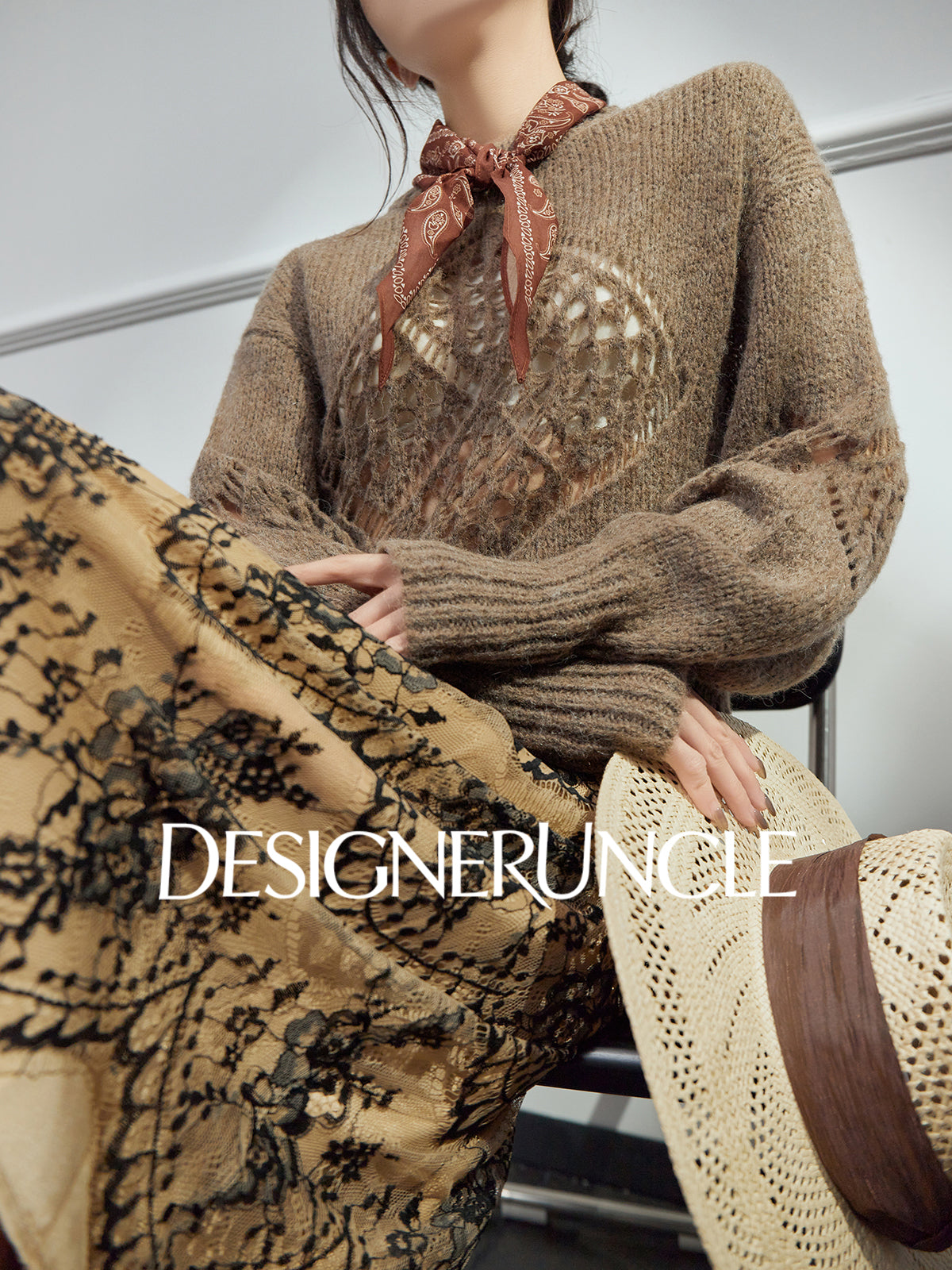 DGU| Light brown light luxury hollow design fashionable comfortable knitwear - Brianna.