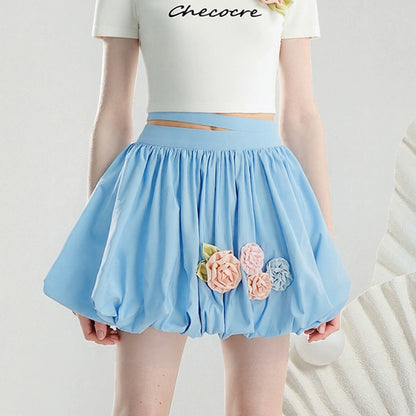 CHECOCRE summer fresh and cute color three-dimensional flower short sleeve T-shirt hood skirt - VAY.