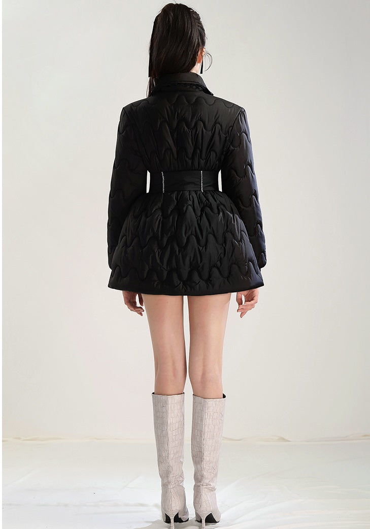 CHECOCRE Elegant Black Diamond Chain Design Waist Slim Warm Puffer Jacket  Dress- SCANDLAR