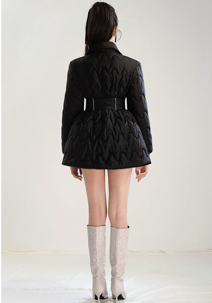 CHECOCRE Elegant Black Diamond Chain Design Waist Slim Warm Puffer Jacket  Dress- SCANDLAR