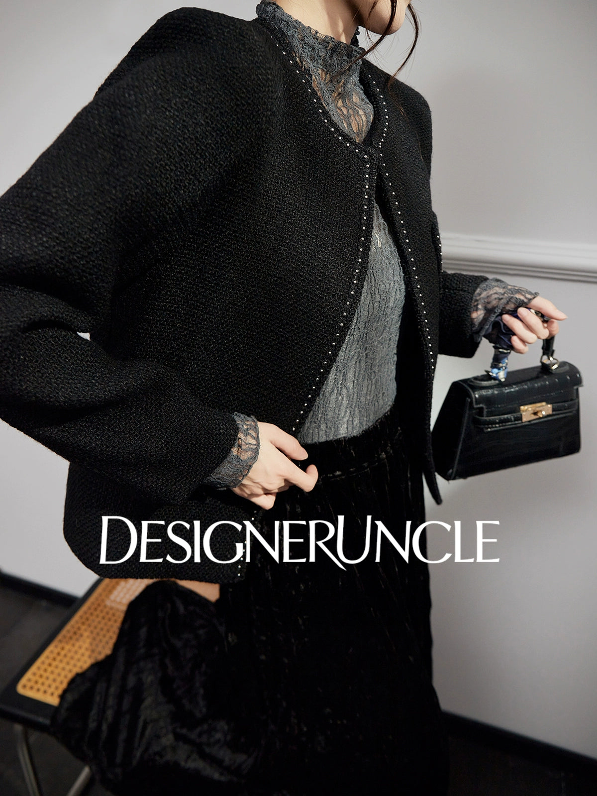 DGU "Chuji" black cropped jacket autumn small fragrance design high-end top -Alexandra.