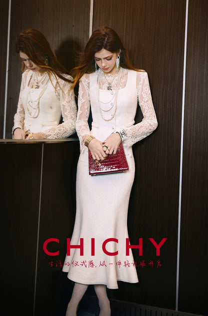 CHICHY mermaid long skirt white waist blazer-LORI